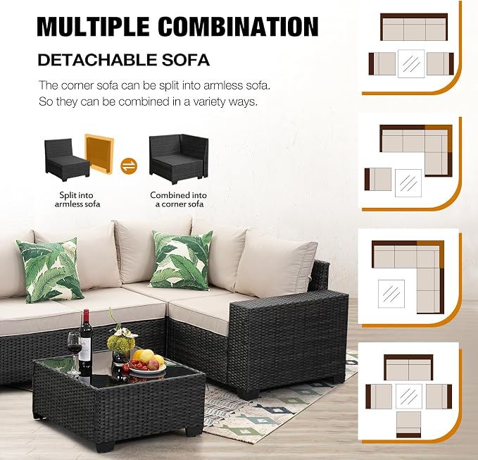 JOYURE 6 Pieces Patio Furniture Set All-Weather Outdoor Wicker Sectional - Image 7