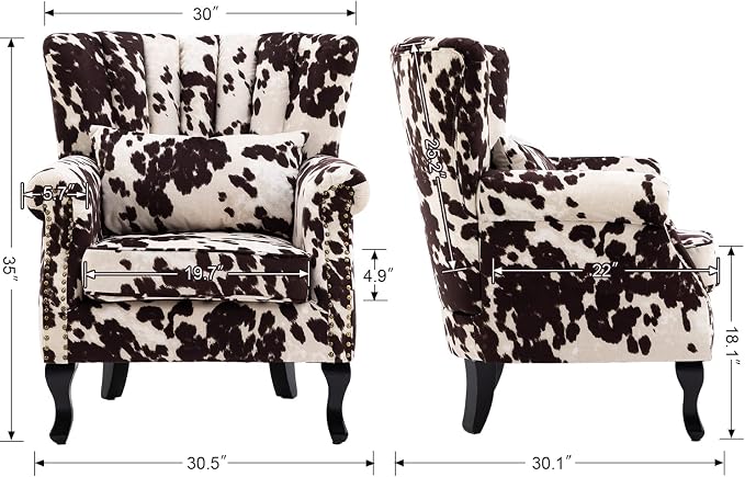 Cow Print Accent Chair Modern Velvet Armchair Tufted Wingback Club Chair Single - Image 3