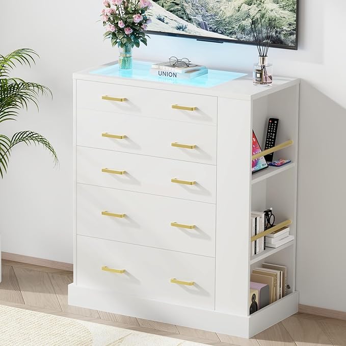 Drawer Dresser with LED Lights and Open Shelves, Modern Tall Chest of Drawers by DesignedforYourHome
