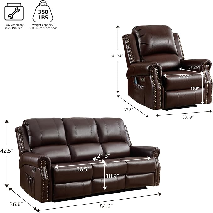 EBELLO 2 Piece Power Faux Leather Recliner Sofa Set, Reclining Living Room - Image 2
