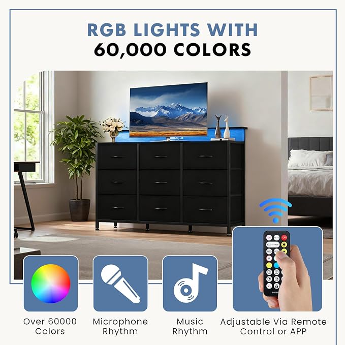 DUMOS TV Stand Dresser with 9 Fabric Drawers and Open Shelves, Entertainment - Image 6