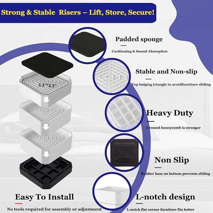 Bed Risers Heavy Duty, Adjustable Furniture Riser Blocks Lift 1.5, 4.3 inches - Image 3