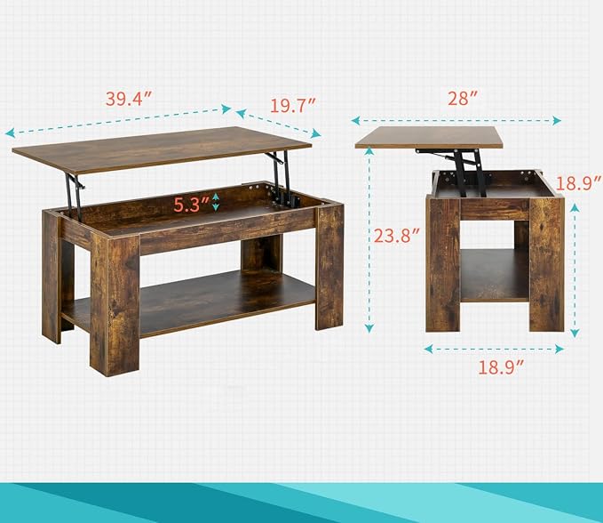 FDW Lift Top Coffee Table with Hidden Compartment and Storage Shelf Wooden Lift - Image 3