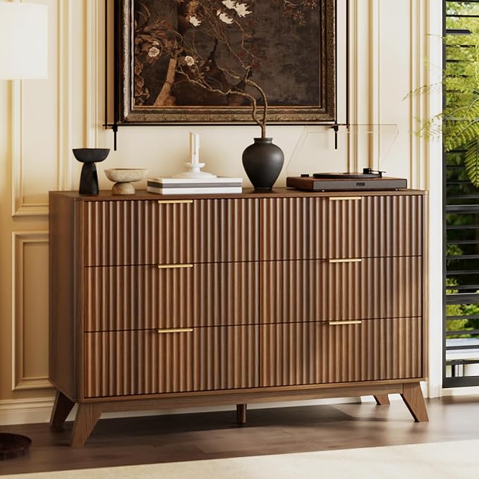 VINGLI Fluted Walnut Dresser 6 Drawer, Dark Brown Wood Dresser - Image 3