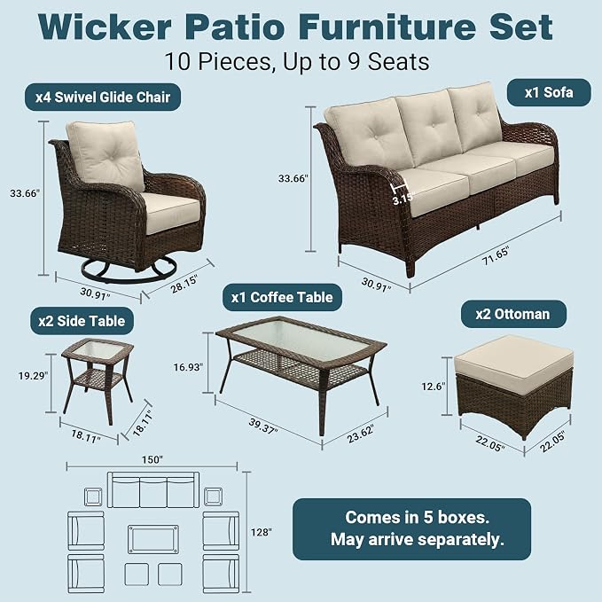 Patio Furniture Set, High Back Rattan Sofa & Swivel Rocker Chairs, Weather - Image 6