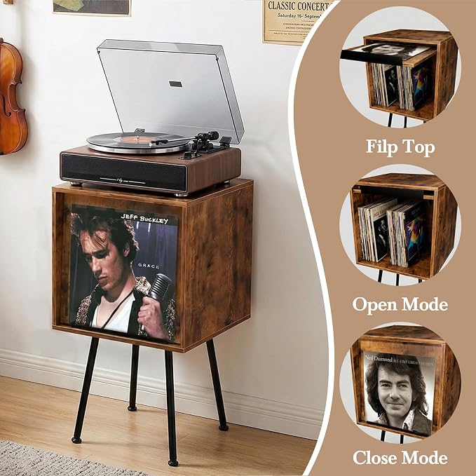 Faesun Flip Top Record Player Stand, End Table Holds up to 100 Albums, - Image 4
