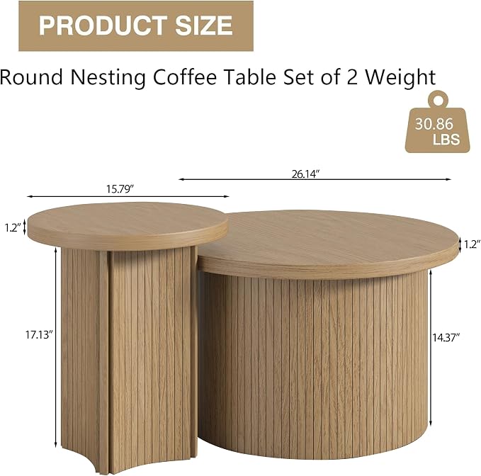 Mxtxmy Set of 2 Nesting Coffee Tables Farmhouse, Round Coffee Table Living Room - Image 2