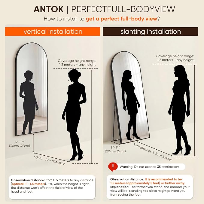 Antok 71" x32” Arched Full Length Floor Mirror, Free Standing/Wall Mount/Leaning - Image 9