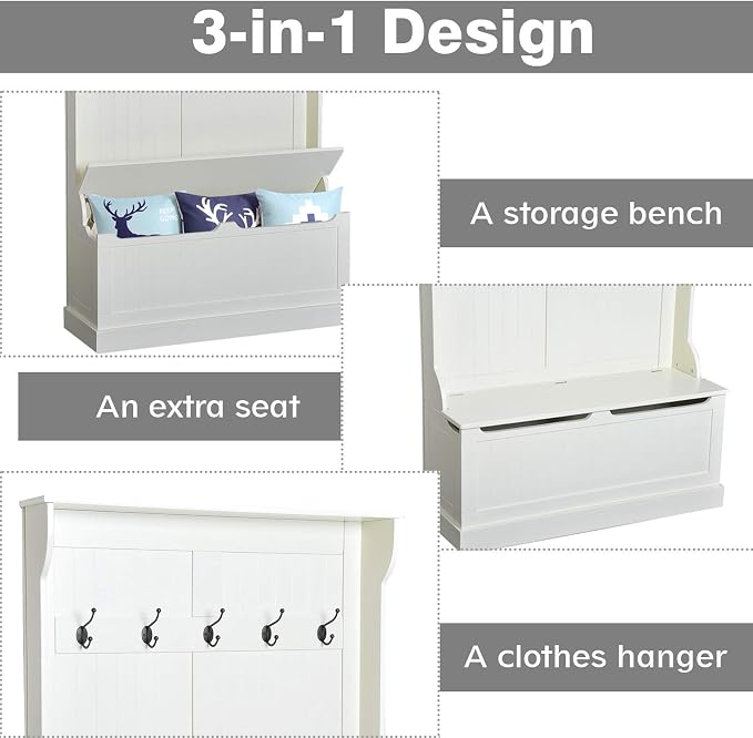 HOMCOM Hall Tree with Bench and Shoe Storage, 3-in-1 Entryway Bench with Coat - Image 4