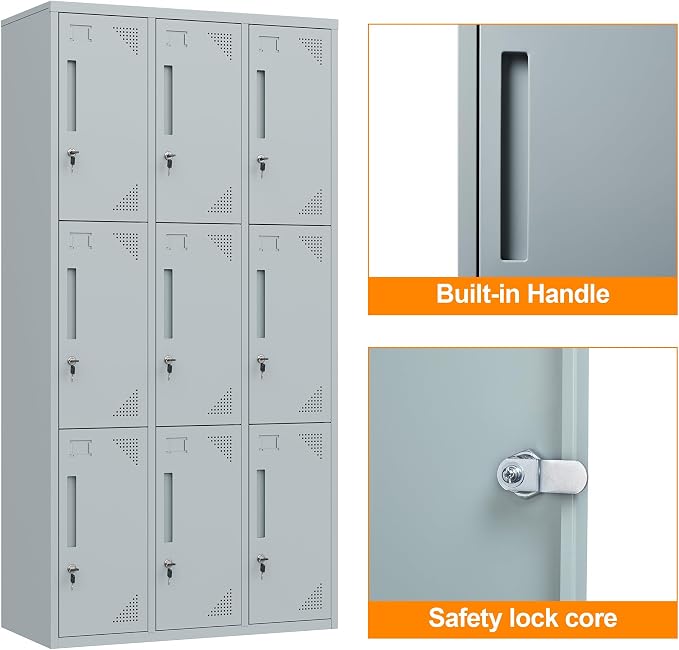 Metal Locker with 9 Doors Employees Locker, Metal Storage Locker with Hooks - Image 5