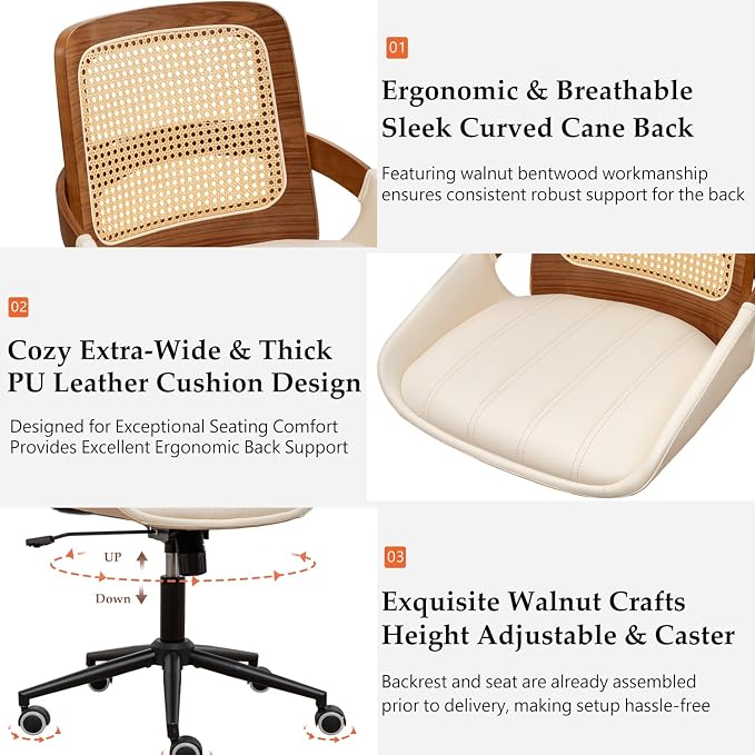 Home Office Desk Chair with Ergonomic Rattan Backrest, Walnut Crafts, Curved - Image 3