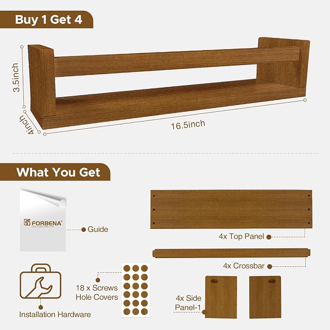 Forbena Dark Wood Nursery Kids Bookshelf Wall Mounted, Wooden Floating Nursery - Image 3