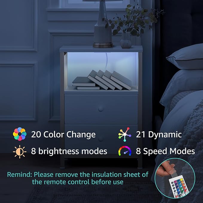 BOLUO Nightstand with Charging Station, LED Night Stand with 2 Fabric Drawers - Image 7