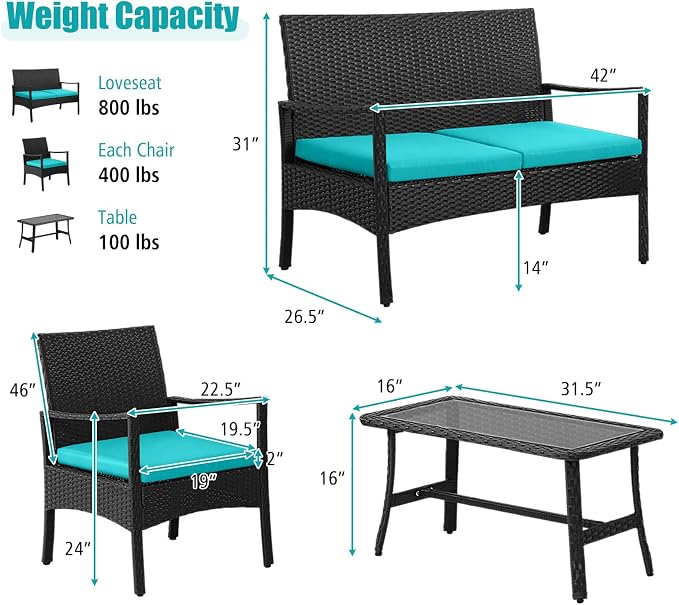 Tangkula 4 Pieces Rattan Conversation Set, Patio Sofa Couch Set - Image 4
