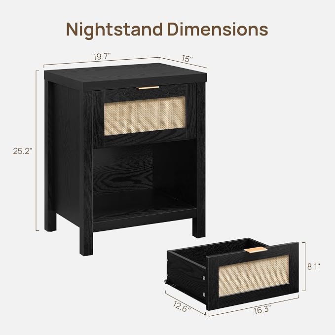 SICOTAS Rattan Night Stands Set of 2, Farmhouse Nightstand Bedside Table - Image 3