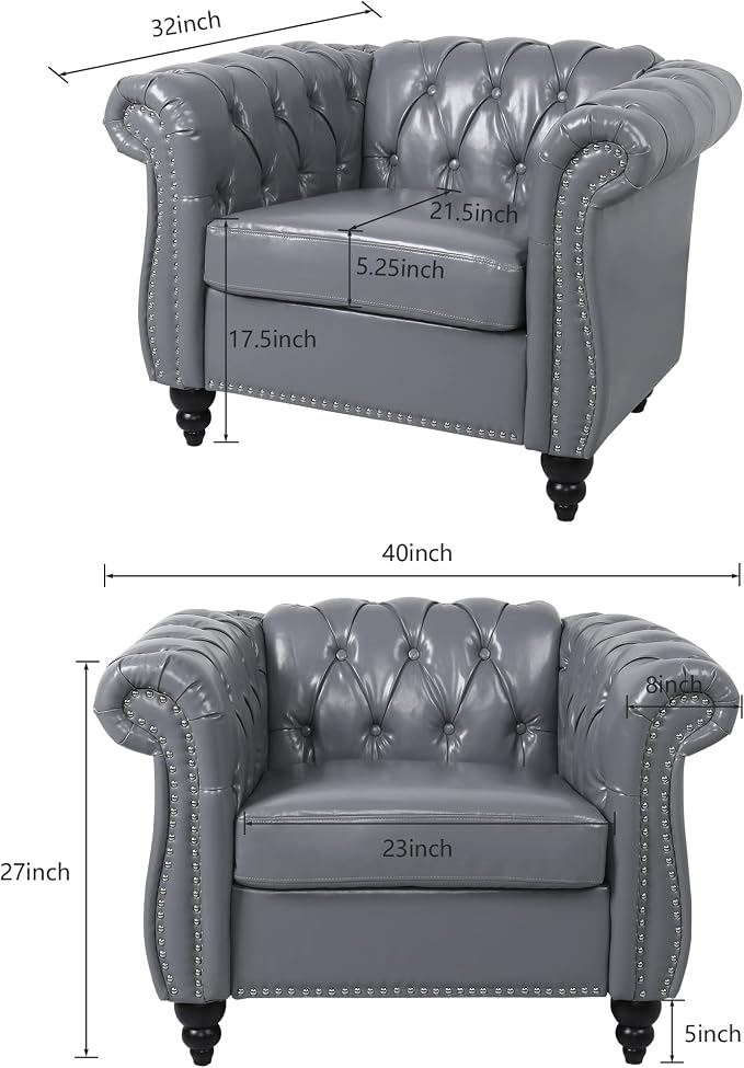 ORRD 2 Piece Living Room Set, Chesterfield Leather Sofa Couch Chair - Image 7