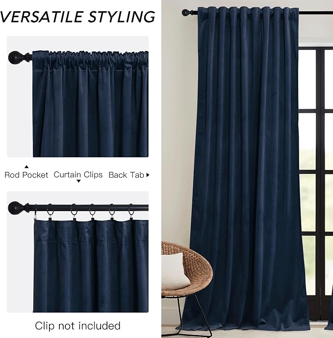 RYB HOME Navy Blue Velvet Curtains 72 inches - Image 3