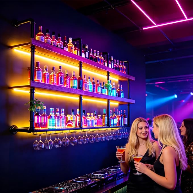 Wall Mounted Wine Rack with LED Lights, 4-Tier Industrial Wood Floating Shelves - Image 3