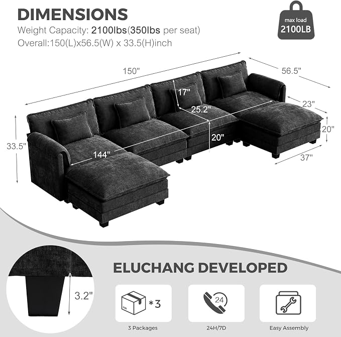 ELUCHANG 150" Modular Sectional Sofa, Comfy Deep Seat Cloud Couch, 6 Seater U - Image 2