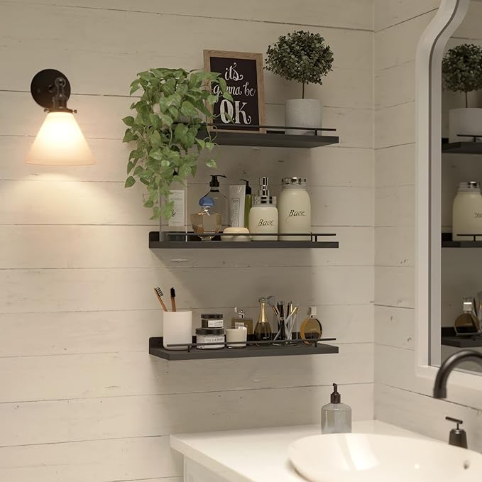 WOPITUES Floating Shelves with Black Metal Guardrail, Shelves - Image 5