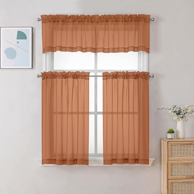 Gwine Burnt Orange Sheer Curtains 30 Inch Length, Short Light Filtering Voile - Image 2