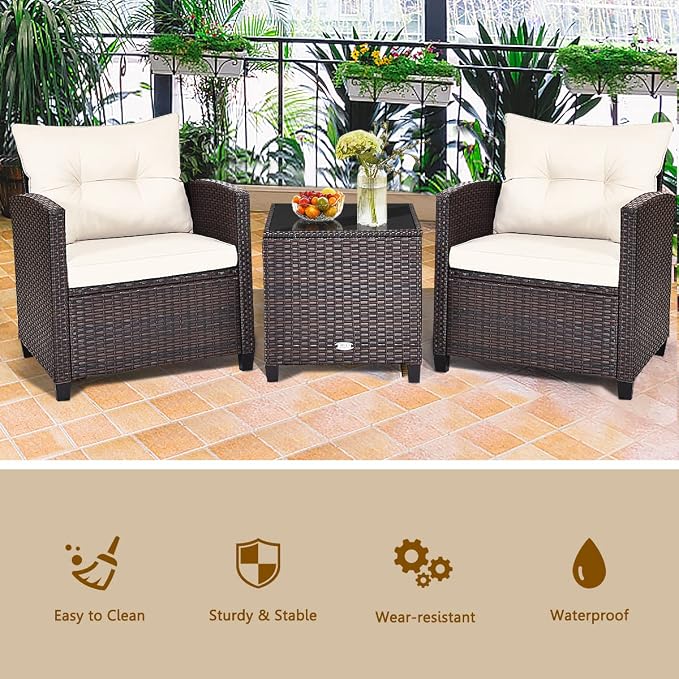 COSTWAY 3PCS Patio Furniture Set, PE Rattan Wicker Sofa w/Washable Cushion and - Image 6