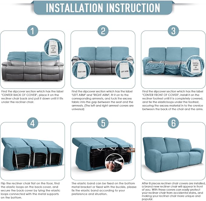 TAOCOCO Recliner Sofa Covers 8-Pieces Stretch Large Couch Covers - Image 6
