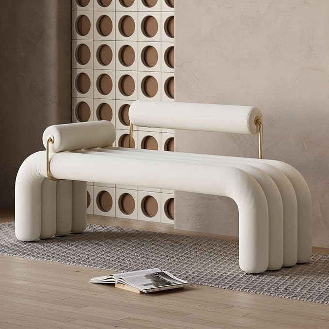 LOVEDIMA Modern White Line Tufted Bench Upholstered Entryway Bench Velvet - Image 6