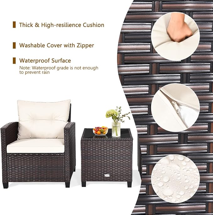 COSTWAY 3PCS Patio Furniture Set, PE Rattan Wicker Sofa w/Washable Cushion and - Image 7
