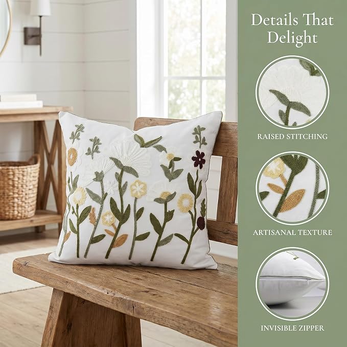 Neutral Floral Embroidered Throw Pillow Covers 20x20 Inch White Daisy Camel - Image 5