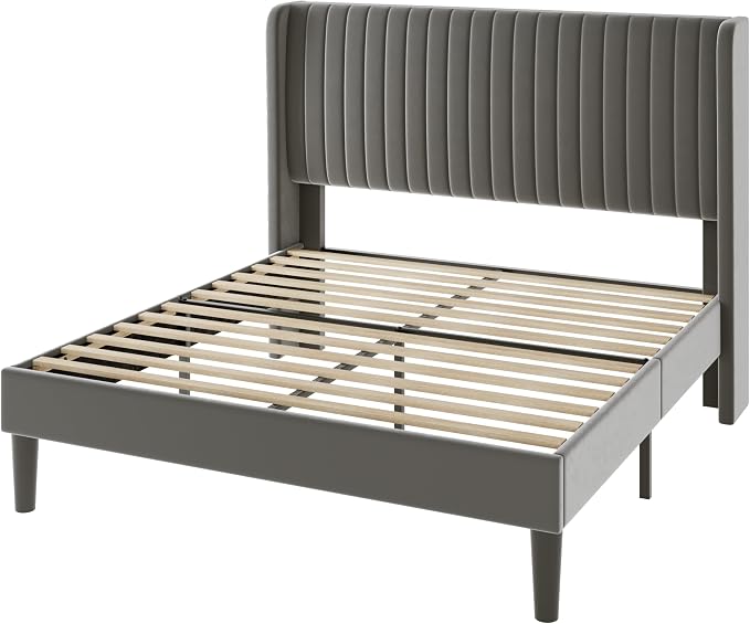 Allewie Queen Size Velvet Bed Frame/Vertical Channel Tufted Wingback - Image 9
