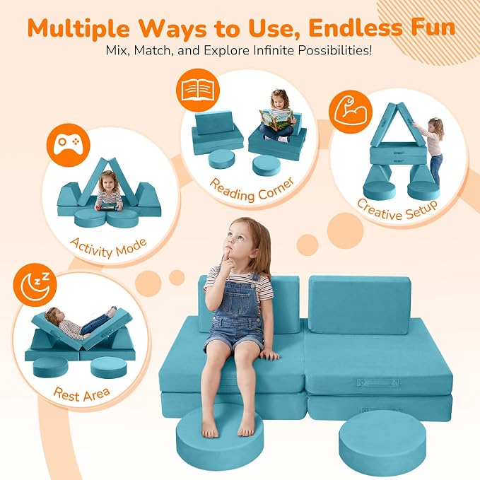MeMoreCool Kids Play Couch, 8-Piece Modular Toddler Couch Set in Teal Blue - Image 4