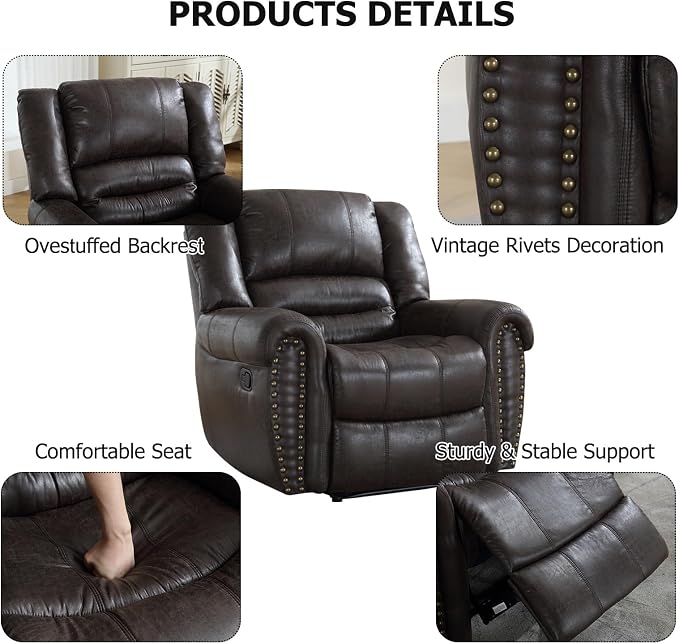 CANMOV Leather Recliner Chair, Classic and Traditional Manual Recliner Chair - Image 3