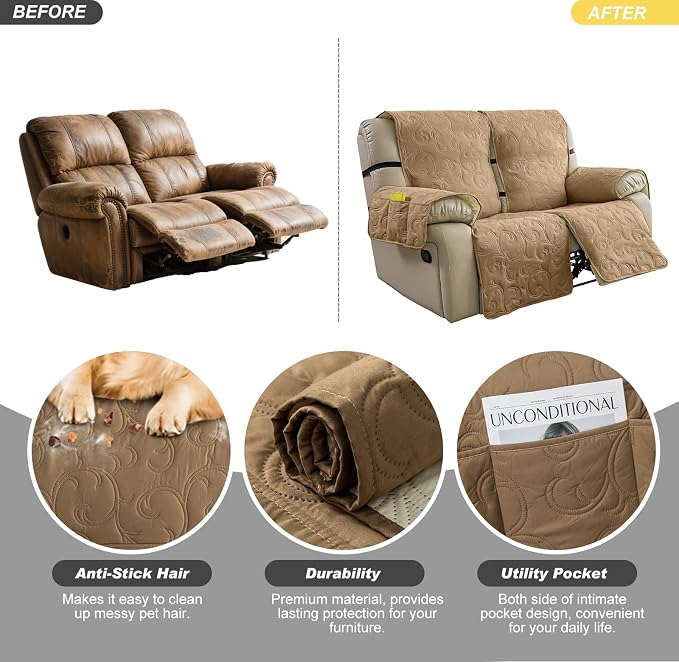 100% Waterproof Loveseat Recliner Cover, 4-Piece Split Reclining Couch Covers - Image 4