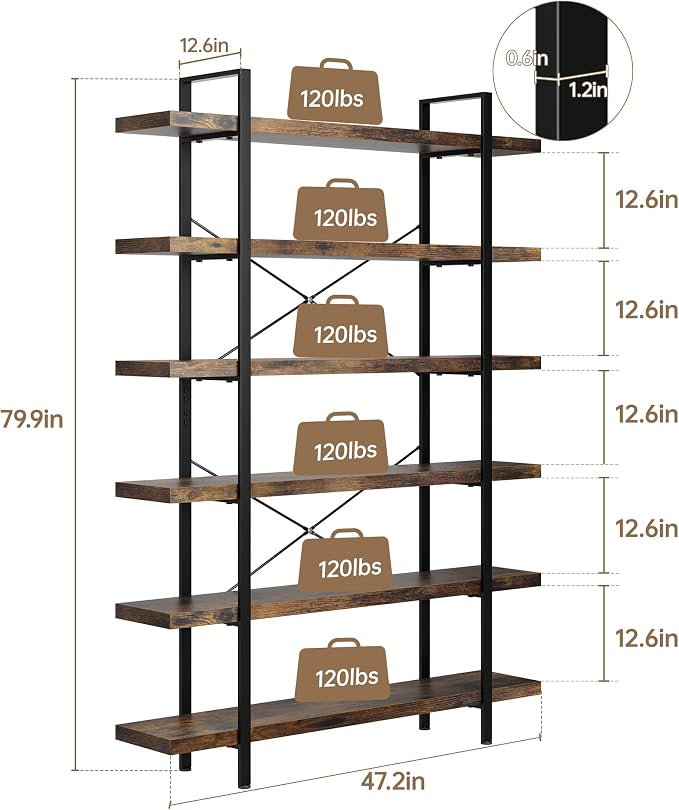 OtterOasis Bookshelf Set of 2, Heavy Duty 6-Tier Industrial Bookcase, 120lbs - Image 2