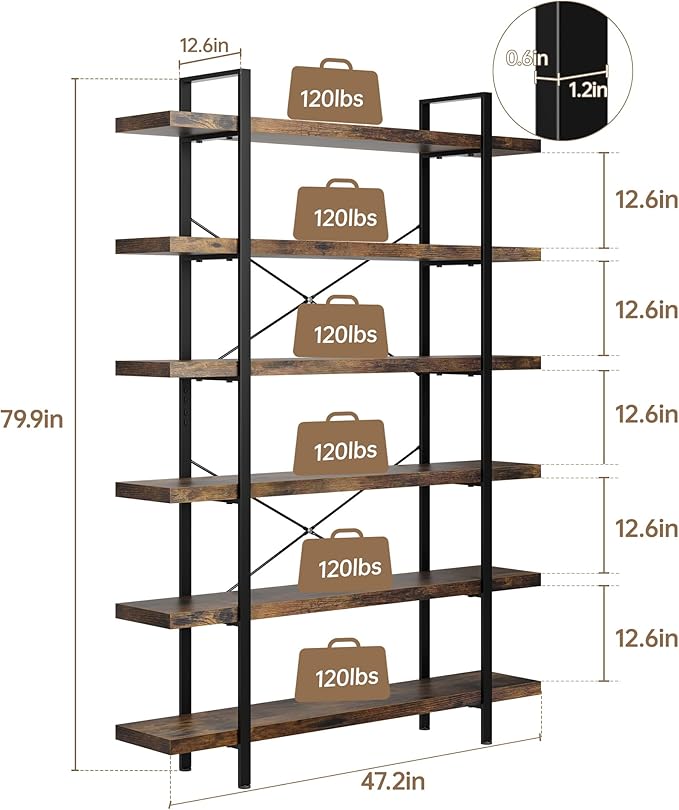 OtterOasis Heavy Duty 6-Tier Industrial Bookcase, 120lbs Shelf Capacity - Image 2