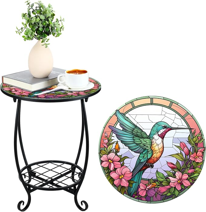 Cinnvoice Outdoor Side Table Round Small Mosaic Patio Accent Indoor End Plant by Cinnvoice