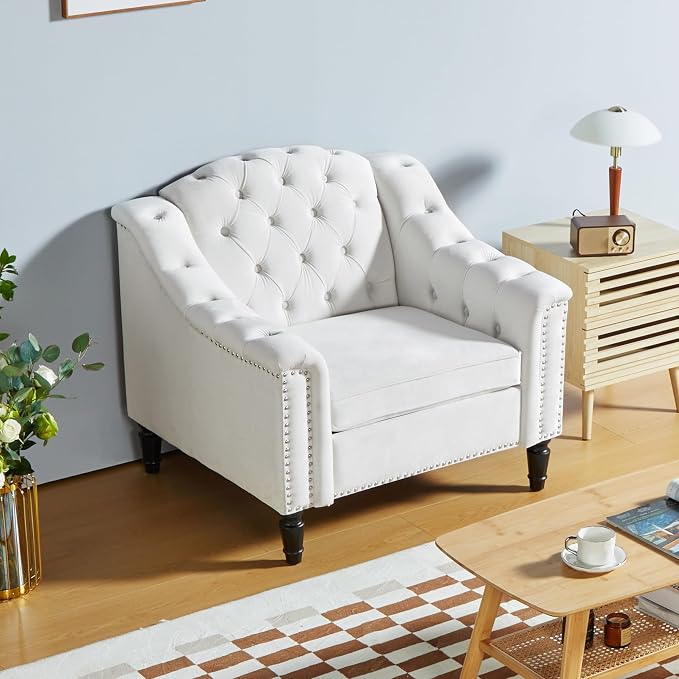 LEVNARY White Velvet Chair for Bedroom, Upholstered Sofa Chair - Image 3