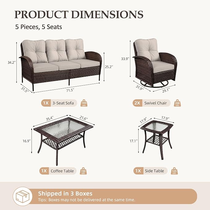 UPHA 5 Pieces Patio Furniture Sets, Wicker Outdoor 3-Seat Sofa Set - Image 2