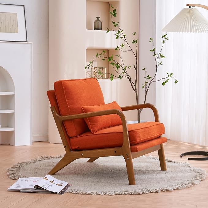Bonnlo Linen Burnt Orange Mid Century Modern Accent Chair, Soild Wood Padding - Image 8