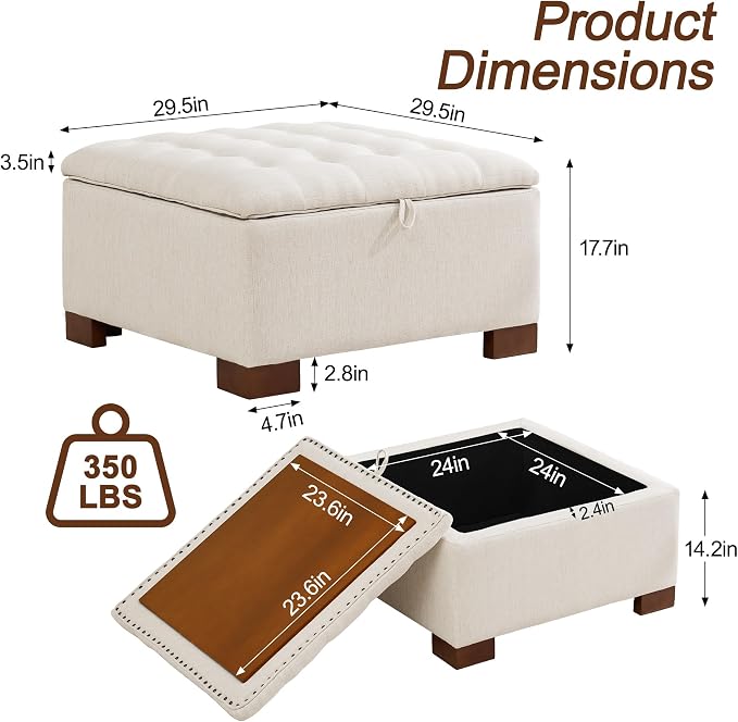 WUTUTUEE 30" Fabric Square Storage Ottoman - Image 2