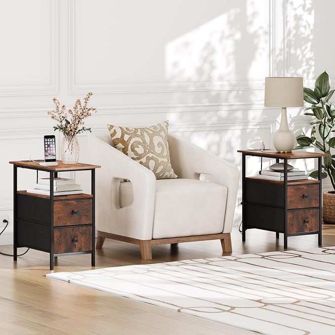 HOOBRO End Table with Charging Station, Nightstand with 2 Non-Woven Drawers - Image 8