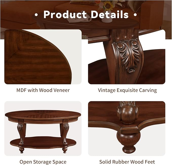 LKTART 42" Vintage Oval Coffee Table - Image 6