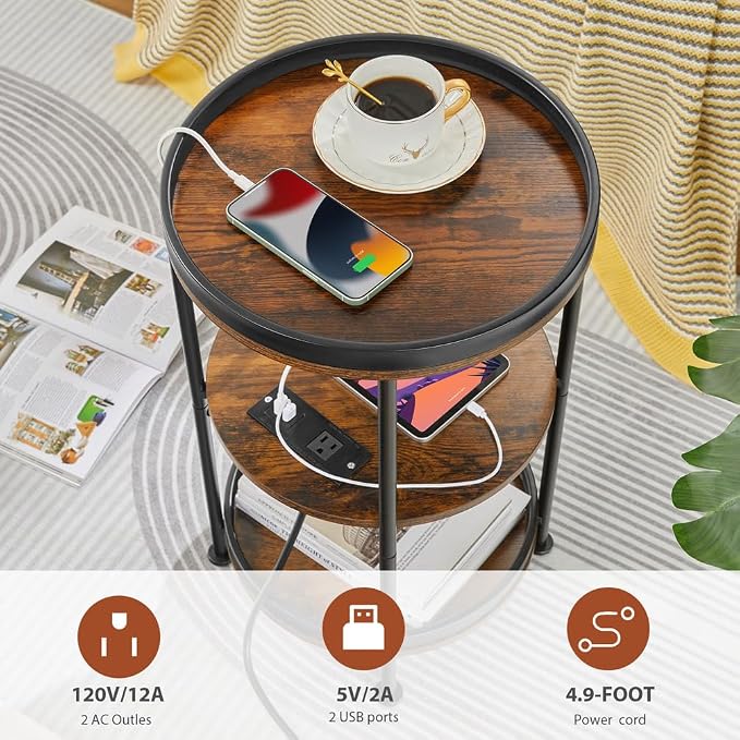 Dulcii Round Side Table with Charging Station, End Table with 3 Shelves - Image 6