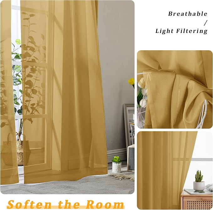 Gwine Gold Sheer Curtains 96 Inches Long 2 Panels, Elegant Window Treatments - Image 3