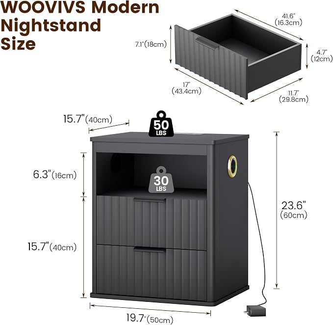 WOOVIVS Modern NightStand with Smart Human Sensor Lights, Bedside Table - Image 2