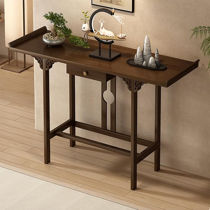 Bamboo Console Table with Drawer, Small Sofa Tables with Open Shelf, Chinese by Unknown