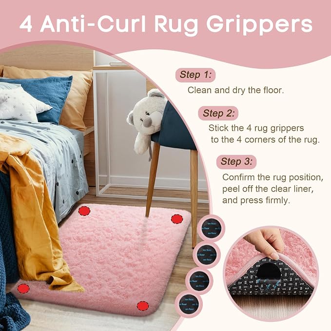 Ophanie Small Rug Washable Non Slip Throw Bedside Area Rugs, Fluffy Soft Pink - Image 2