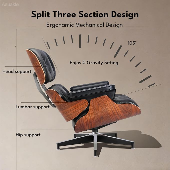 Top Black Grain Leather, Mid Century Chaise Lounge Chair and Ottoman, Leather - Image 7