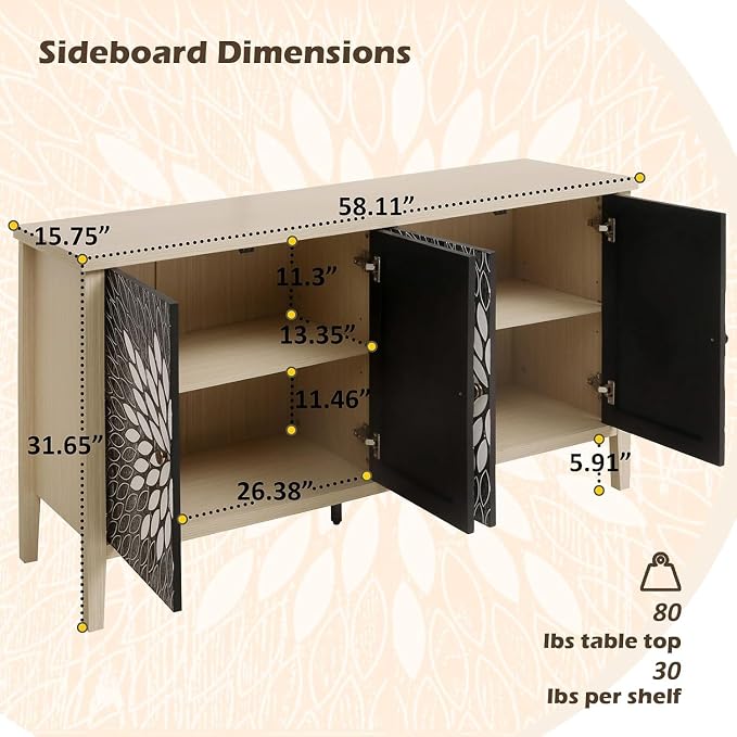 58" Carved Sideboard Buffet Cabinet - Image 2